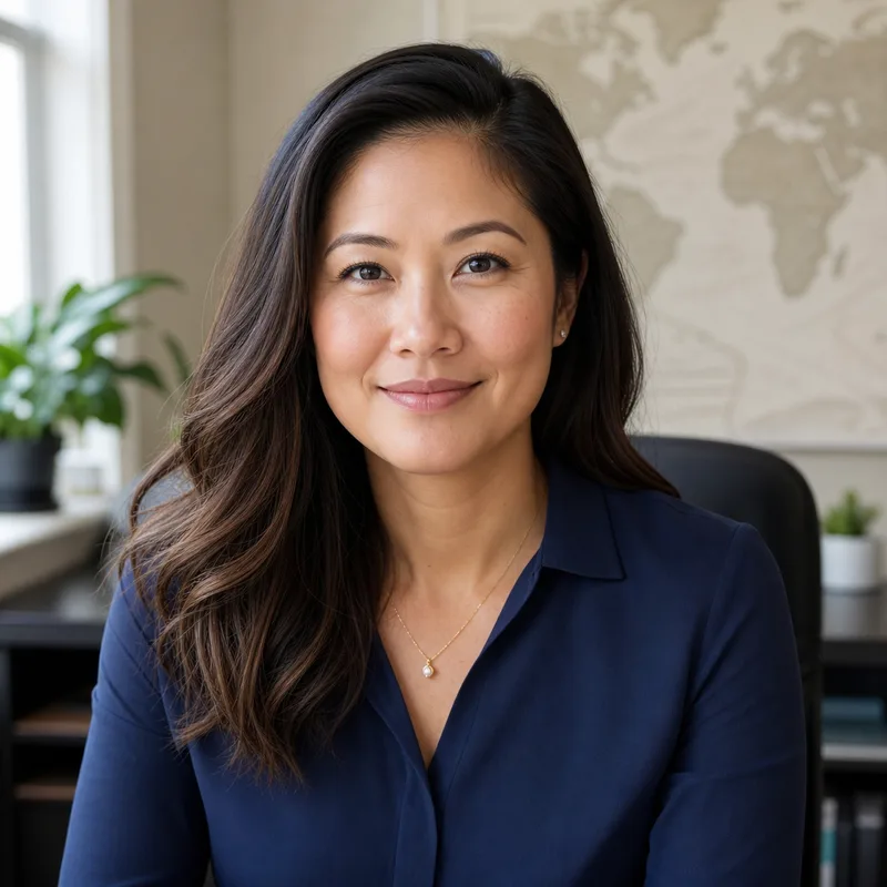 Fictional portrait of Maya Chen in a home office