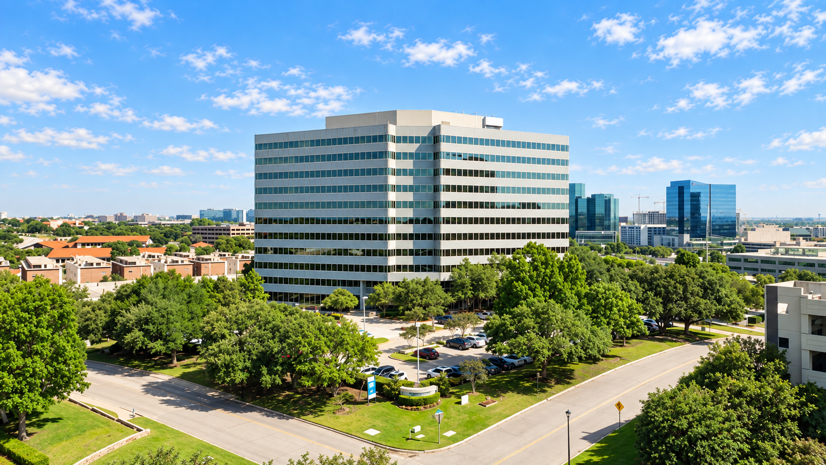 Exterior of Crestview Tower at 105 Decker Court in Las Colinas, Irving, Texas
